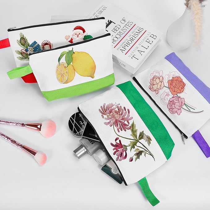 10 Pieces Cotton Canvas Makeup Bag with Bottom and Strap, Multi-Purpose Cosmetic Bag with Zipper Travel Toiletry Pouch, Blank DIY Craft Bag (Multicolor 03, L)