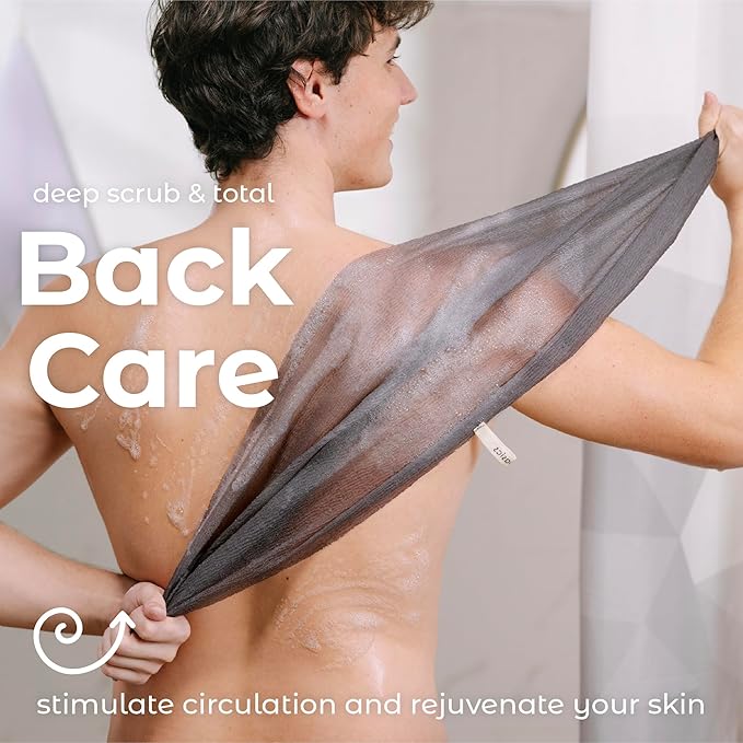 MainBasics Exfoliating Shower Towel - Japanese Nylon Bath Towel and Body Washcloth, Quick-Dry, Durable, Deep Exfoliation (Set of 3, Black Ice)