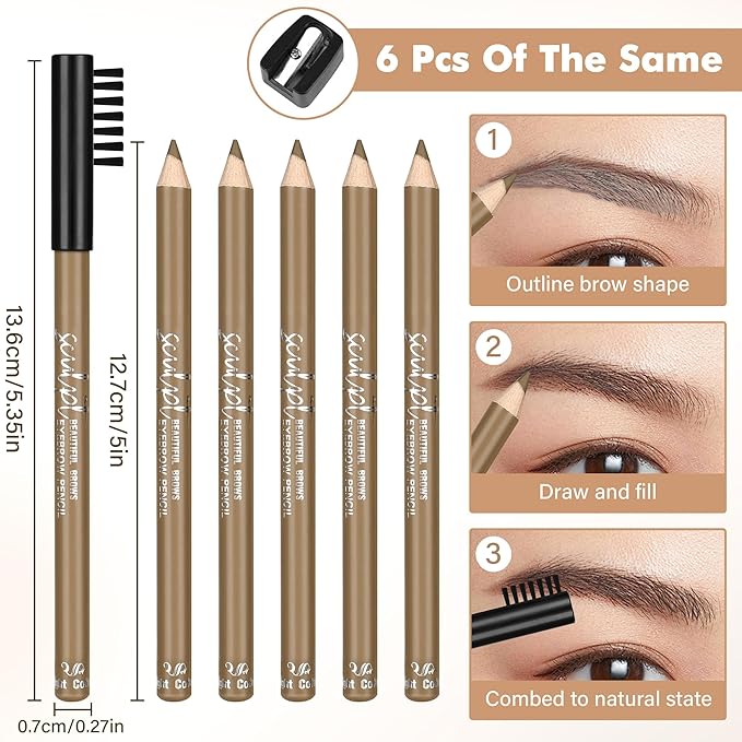 6Pcs Eyebrow pencil wooden，Brow Kit with Brush and Sharpener，Eyebrow Pencils for Women，Fine Tip Eye Brow Eye Liner for Eye Makeup,Shapes, Defines, Fills Brows (Light Brown-02)