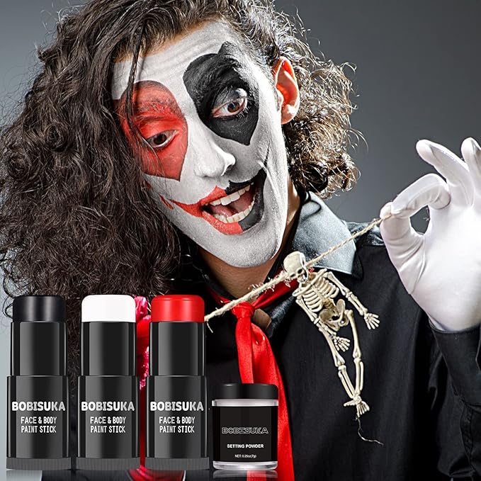 BOBISUKA Black White Red Face Paint Stick with Setting Powder Set Clown Makeup Eye Black Sticks for Sports, Body Paints for Halloween Joker Skeleton Cosplay Special Effects Costume SFX Stage Kit