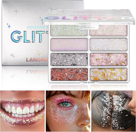LANGMANNI 8 Colors Face & Body Glitter Palette - Holographic Changing Sparkling Mermaid Sequins for Women Girls Music Festival Party Rave Makeup(#A)