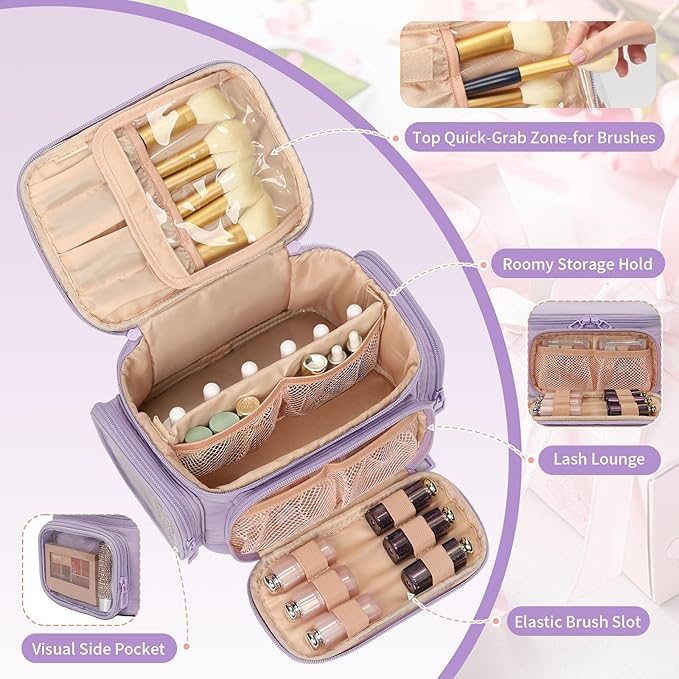 OCHEAL Makeup Bag,Travel Cosmetic Cases Makeup Organizer Bag for Women with Zipper Pouch and Side Pocket, Multifunctional Compartments and Dividers,Make up Toiletries, Brushes & Beauty Tools-Purple