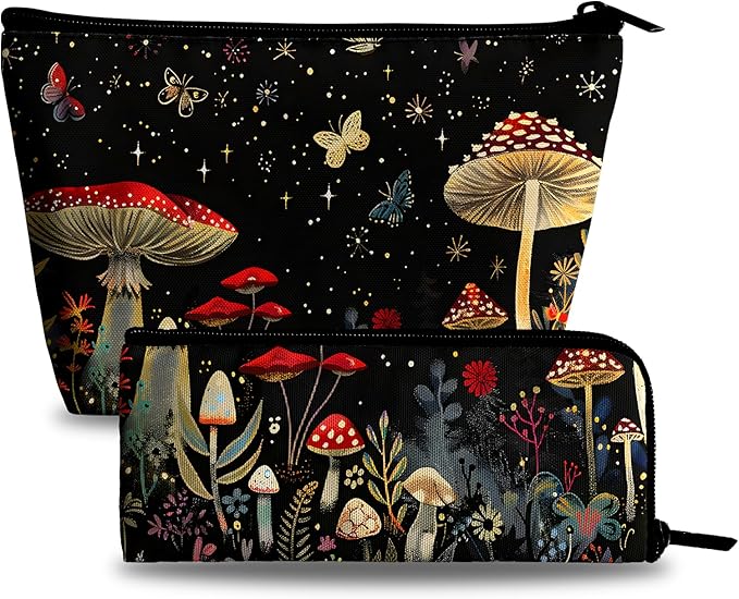 Mushrooms Makeup Bag Cosmetic Bag for Women,1Pcs Large Capacity Makeup Bags and 1Pcs Pencil Case Makeup Brushes Storage Bag Travel Toiletry Bag Organizer