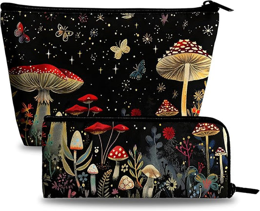 Mushrooms Makeup Bag Cosmetic Bag for Women,1Pcs Large Capacity Makeup Bags and 1Pcs Pencil Case Makeup Brushes Storage Bag Travel Toiletry Bag Organizer