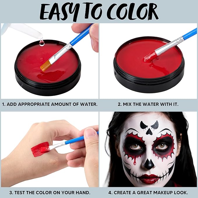 Spooktacular Creations 3PCS Halloween Makeup Face Body Paint Waterproof Foundation Cream Cake Tub, Halloween Party Cosplay Clown Sfx Costume Dress Up Makeup for Adult(1 Oz Each, White, Black, Red)