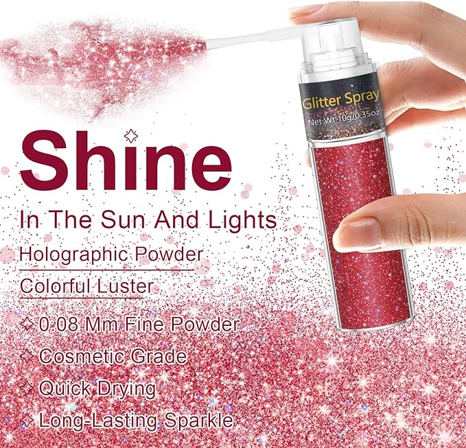 Hair and Body Glitter Spray, 1PC Sparkling Red Hair Glitter Extra Fine Face Shimmer Powder for Clothes, Festival Loose Sparkle Powder for Rave Clothes Nail Art Easter Halloween Crafts (Red)