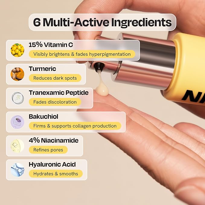 Gleamin Superactive Vitamin C Serum for Face with 15% Vitamin C, Niacinamide, Bakuchiol & Hyaluronic Acid – Skin Brightening Facial Serum for Women & Men – Dark Spot Remover & Radiant Glow – 1 fl oz