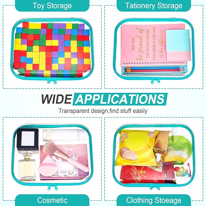 Sanwuta 6 Pcs Clear Hard Zipper Case Pencil Pouches Hard Plastic Zipper Pouches Makeup Bag Transparent Cases for Snacks Plastic Storage Organizer Box for Travel(Teal,9.84 x 7.87 x 2 Inch)