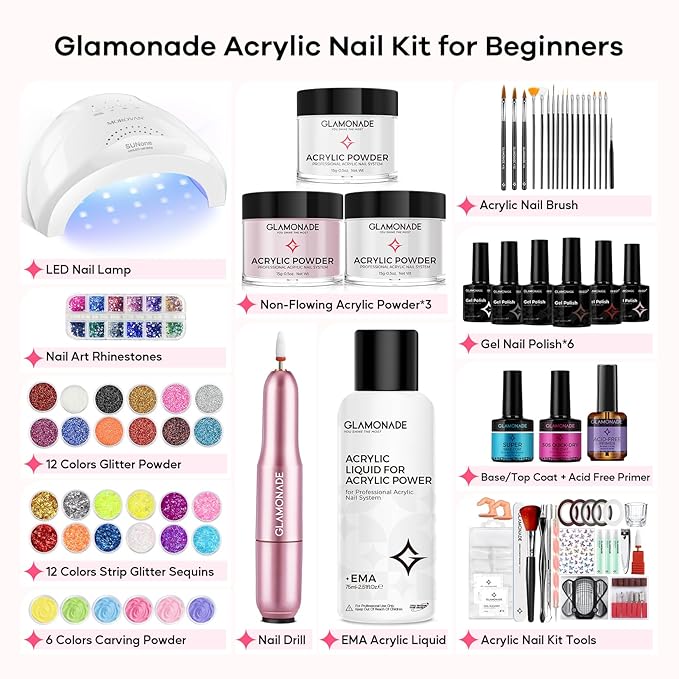 Acrylic Nail Kit with Everything: Professional Nail Kit Set for Beginners 48W Nail Lamp Complete Nail Supplies Salon