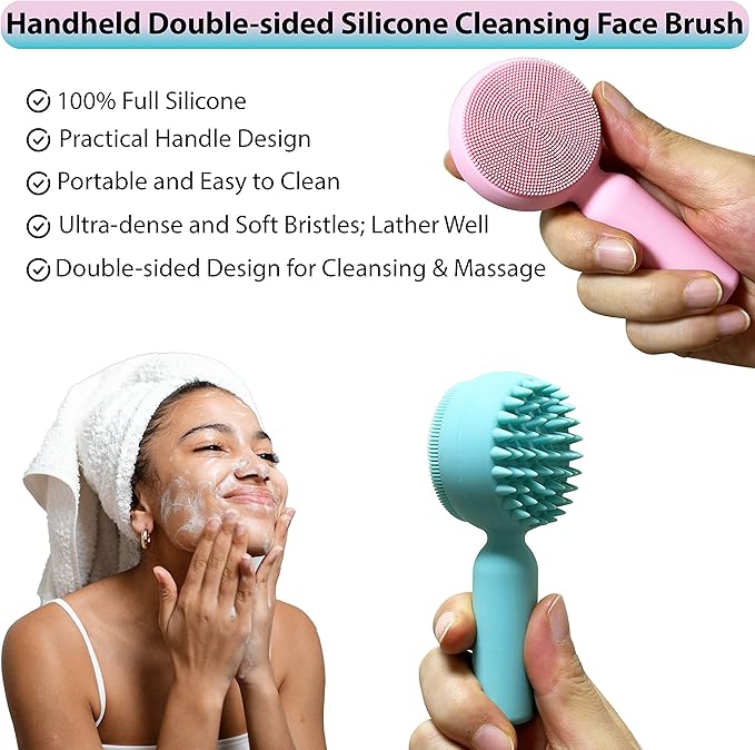 2 PC Silicone Facial Cleansing Brush 2 in 1 Facial Scrubber Manual Exfoliating Facial Brush Face Cleanser Face Exfoliator Ultrafine Bristles for Sensitive Skin Easy to Clean Lather Well(Pink&Green)