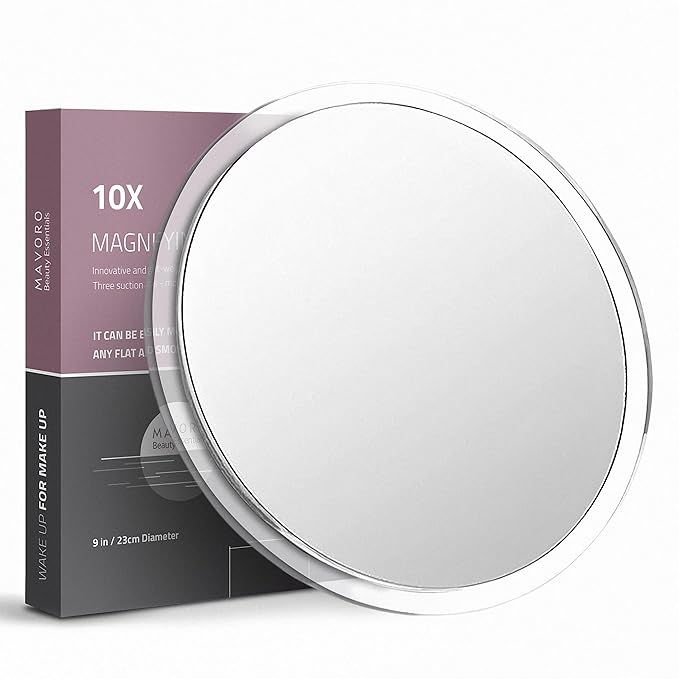 Mavoro 9'' Magnifying Mirror with 3 Strong Suction Cups | 10X Magnification | Portable Travel Makeup & Cosmetic Mirror (10X)