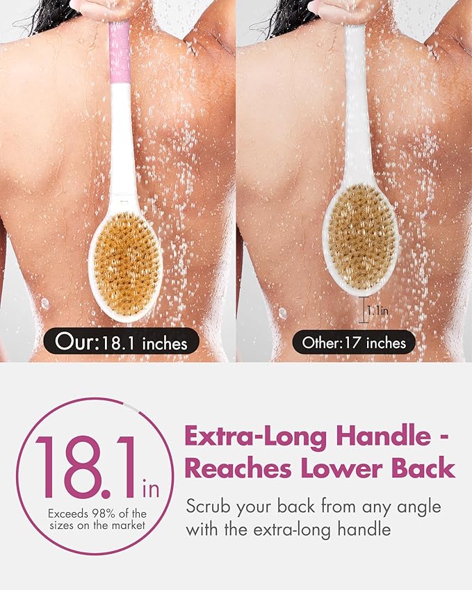 Back Scrubber Body Shower Brush: Anti Slip Long Handle Bath Brush with Stiff and Soft Bristles - Showering Exfoliator Wet or Dry Brushing for Women, Men, Elderly (Pink)