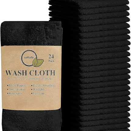 Softolle 100% Cotton Washcloths 24 Pack (12x12 Inches) Soft, Highly Absorbent Washcloth, Face Towels, Wash Cloths for Face, Ring Spun, Bulk Pack (Black)