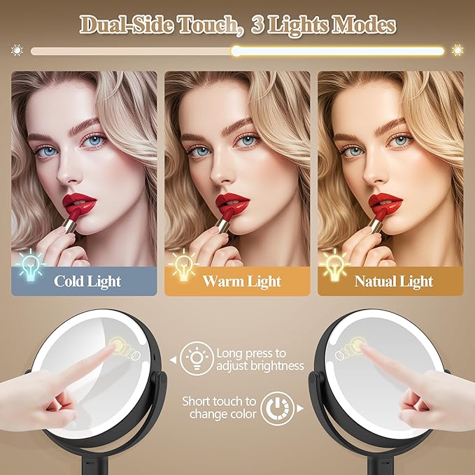 Makeup Mirror with Lights, Double Sided 1x/30x Magnifying Mirror with Light, Rechargeable 3 Color Lights and Adjustable Brightness, 360° Rotation Detachable Comes with Tweezer(Black 30X)