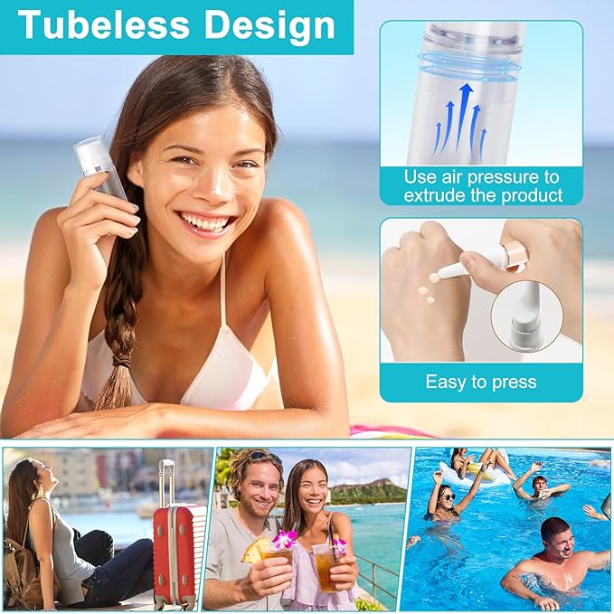 Meanplan 32 Pack Airless Pump Jars Set 3.4/1.7/1/0.34oz Refillable Travel Cosmetic Container Mini Leak Proof Atomizer Spray Bottle Skincare Dispenser for Toiletry, Cream Lotion, Foundation, Shampoo