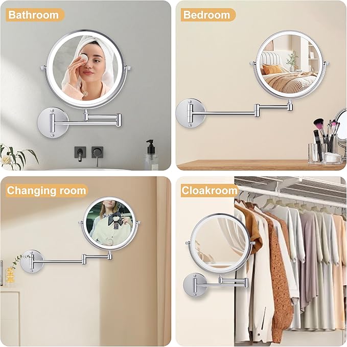 9 Inch Large Rechargeable Lighted Makeup Vanity Mirror Wall Mounted, 1X/10X Magnifying Mirror with Light for Bathroom 3000mAh USB Charging, Chrome Wall Mounted Mirror Swing Arm with 3 Light for Makeup