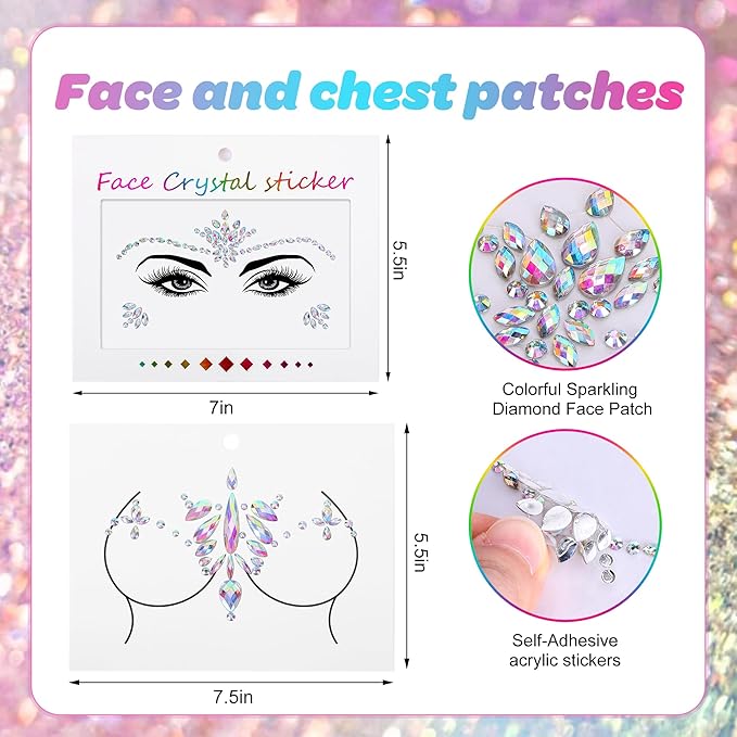 Wehhbtye 6 Pcs Mermaid Glitter Face and Chest Gems, Rhinestone Chest Jewels Face Sticker with Body Glitter, Festival Rave Body Crystal Tattoo for Halloween Costume Themd Party Makeup