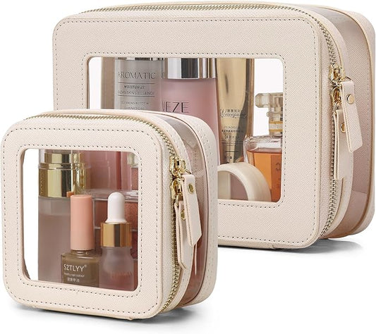 Pinkmik Clear Makeup Bag with Zipper Waterproof Travel Makeup Set for Cosmetics and Toiletries Women's Purse Organizer and Car Essentials (Beige, M+MINI-1)