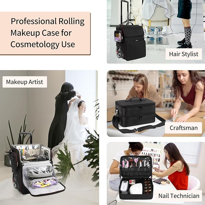 Large Makeup Train Case with a Large Makeup Travel Case for Hairstylist, Hairdresser Bag with Detachable Pouch,Heat Insulation and Anti-scalding for Hairdressing Tool Organizer 2 in 1, Big wheels