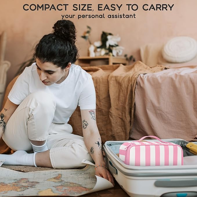 Relavel Travel Makeup Bag, Small Floral Cosmetic Bag with Makeup Brush Compartment, Portable Makeup Pouch for Women, Double Layer Makeup Organizer Bag Cute Toiletry Bag, Wide Strip