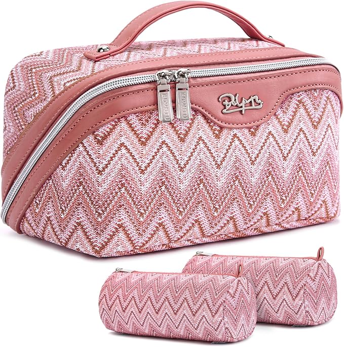 Travel Makeup Bag for Women: Western Boho Make up Bag Set of 3 - Large Capacity Vegan Leather Cosmetic Bag - Waterproof Toiletry Bag with Compartments & Handle & Divider(B-05Red)