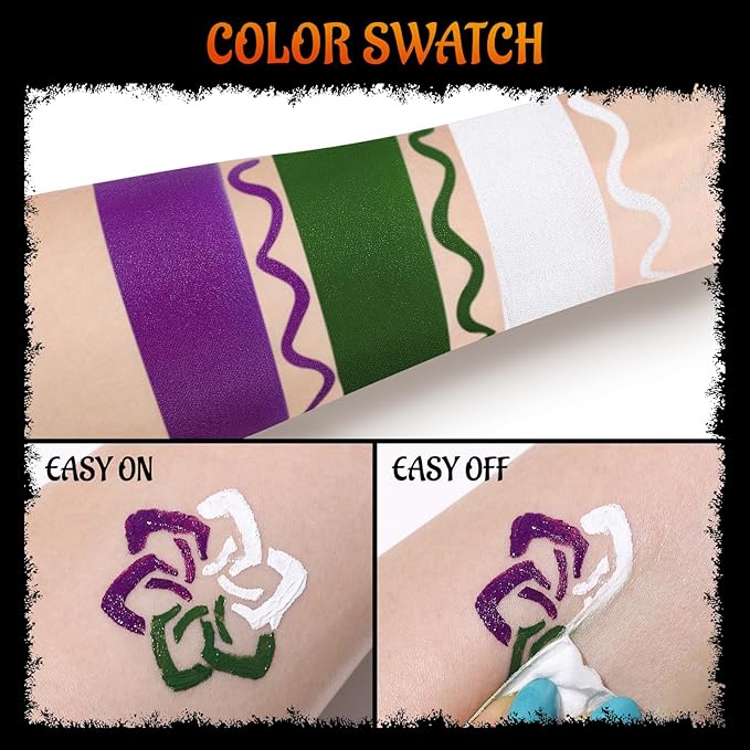 White Green Purple Face Body Paint with Applicator, Oil Based Face Painting Kit for Halloween Dark Fairy, Evil Queen Makeup, Facepaints for Witch Monster Costume, Cosplay, Dress Up