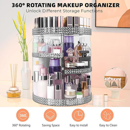 360 Degree Rotating Makeup Organizer, Extra Large Capacity Cosmetic Storage Unit, Removable DIY 7 Layers Skincare Organizer, Acrylic Beauty Perfume Organizer for Vanity Countertop (Gray)