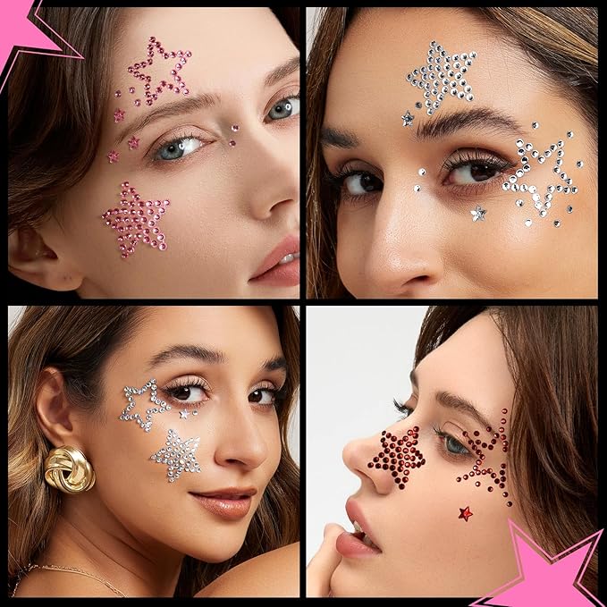YGDZ Face Gems Face Jewels, Self Adhesive Hair Gems Festival Star Rhinestone Stickers for Face, Eye, Makeup, Body, Stick on Gems, Rave Accessories, Y2K Star Face Stickers for Kids, Women