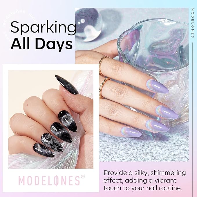 modelones Rainbow Cat Eye Gel Nail Polish Top Coat, 2-in-one 9D Glitter Clear Gel Polish with Magnet Stick Holographic Glossy Finish Long Lasting Soak Off Manicure Home Salon Nail Art 10 ML