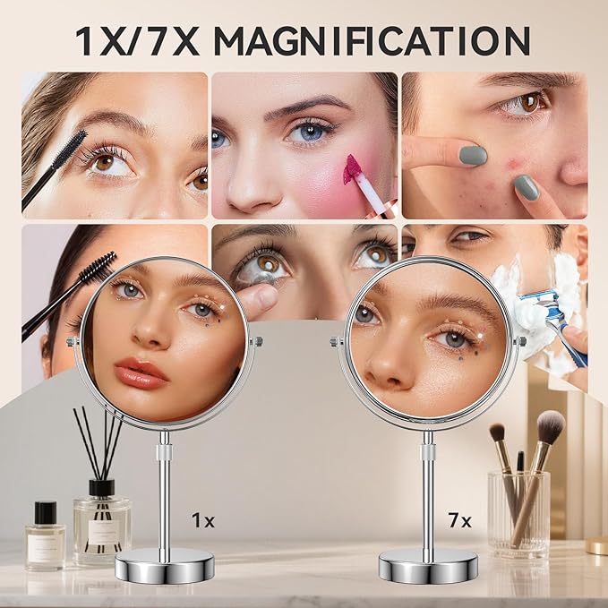 Nicesail Makeup Mirror Tabletop 8 Inch Double-Sided with 7X Magnification, Magnifying Mirror with Pedestal for Shaving Mirror, Height Adjustable for Make up Vainity Table, Chrome Finish (8 Inch, 7X)