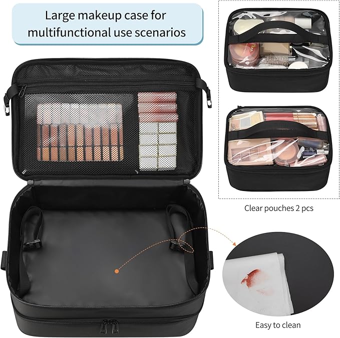 Extra Large Makeup Case, Professional Makeup Artist Traveling Bag, Double Layer Lightweight XL Makeup Travel Case Organizer for Artist Hairstylist Crafters with 2 Detachable Pouch & Shoulder Strap