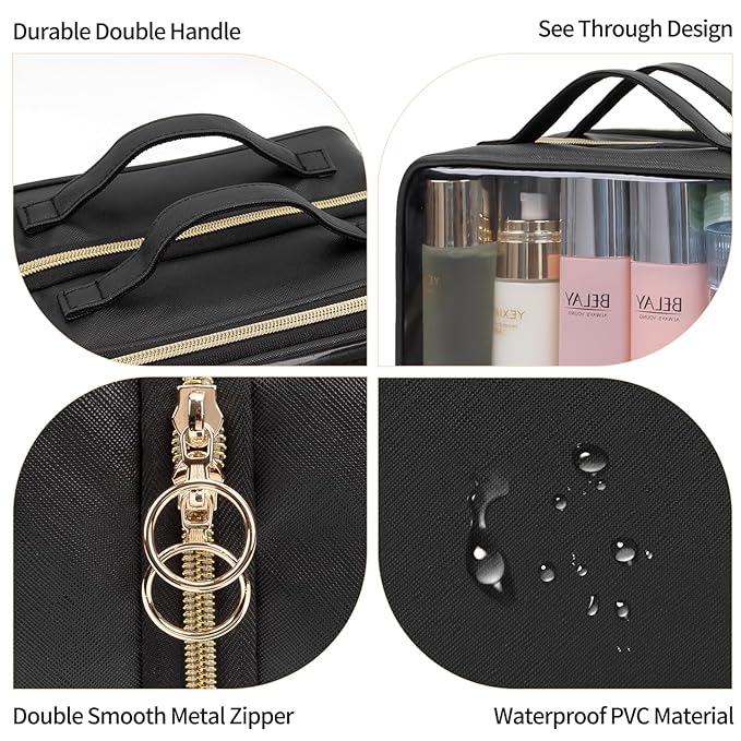 OCHEAL Clear Makeup Bag, Double Layer Cosmetic Bag, Large Capacity Minimalist Cosmetic Case for Women Travel Beauty Essentials, Multiple Compartments Makeup Case Organizer Zipper Pouch -Clear