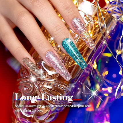 RARJSM Glitter Gel Nail Polish Set of 6 Colors Diamond Silver Sparkly Holographic Champagne Gold Iridescent Red Chunky Pigments Gel Polish Soak off Led UV Curing Required for Nail Salon Manicure