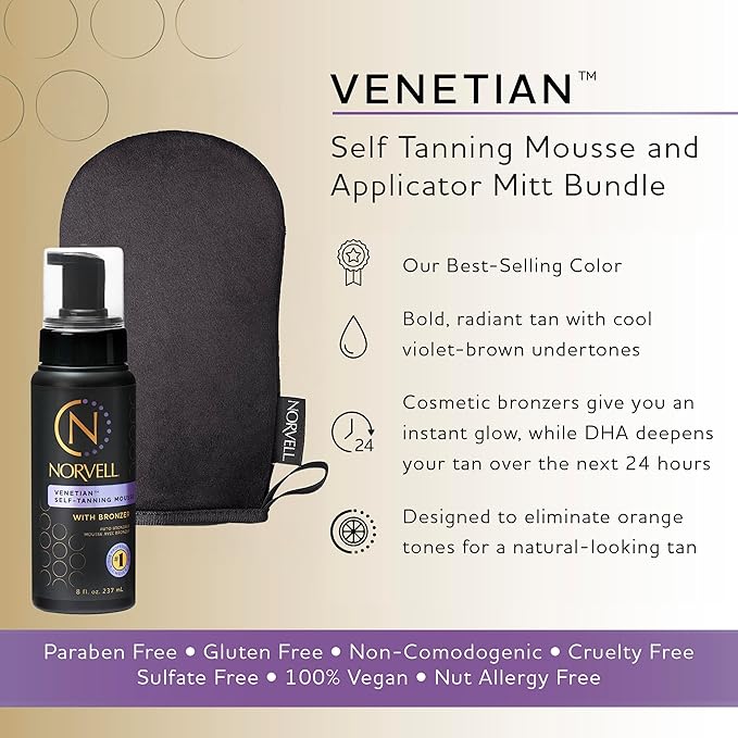 Norvell Sunless Self Tanning Bundle - Venetian Self Tanner Mousse with Bronzer, 8 Fl Oz + Streak-Free Tan Applicator Mitt - Premium Natural Looking Self Tanning Foam and Washable Self Tan Mitt