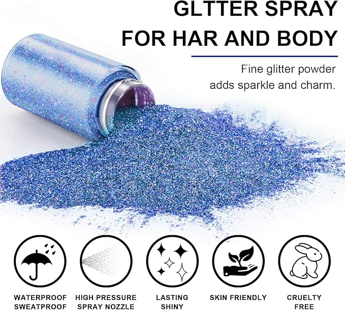 Hair and Body Glitter Spray, 1PC Sparkling Blue Hair Glitter Extra Fine Face Shimmer Powder for Clothes, Festival Loose Sparkle Powder for Rave Clothes Nail Art Easter Halloween Crafts (Blue)