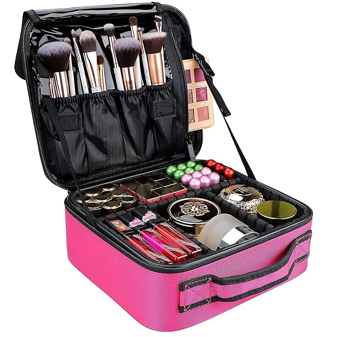 gzcz Travel Makeup Bag 10.4 Inches Professional Cosmetic Case Make Up Bag Cosmetic Brush Organizer Bag with Adjustable Divider, Storage Case for Girls and Women(S-Rose Red)
