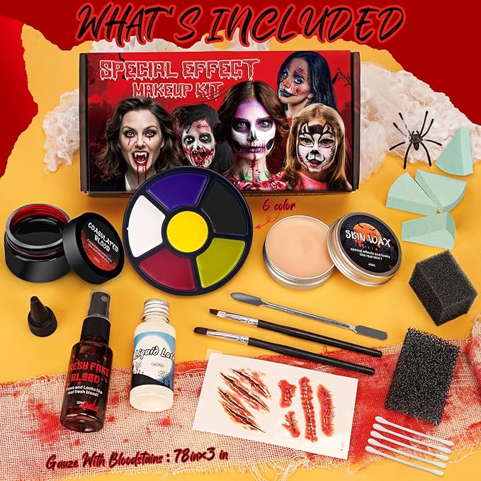 Halloween Special Effect Makeup Kit 6 Colors Fake Blood Face Body Painting, Liquid Latex Sfx Makeup with Skin Wax and Scar Stickers, Multiple Accessories for Vampire Zombie and Fake Scar