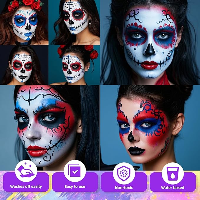3Pcs Face Body Paint, Professional Paint for Halloween Cosplay Costume Party, Full-coverage Multi-Color Cream Makeup Body Paint for Adult Halloween Cosplay SFX Makeup Paint (Black+Blue+Red)