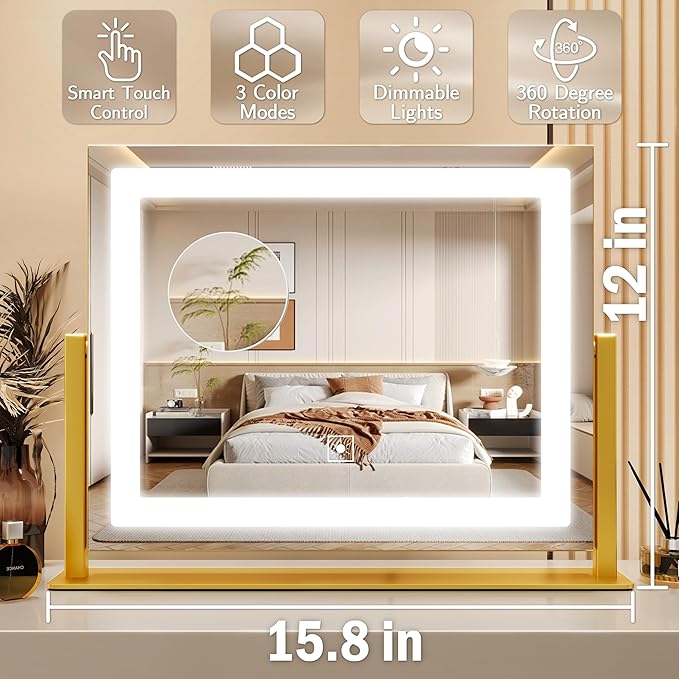 Gold Vanity Mirror with Lights 14x11 Inch, Lighted Makeup Mirror, Smart Touch 3 Colors Dimmable, 10X Magnification, Dresser Mount, Modern Style