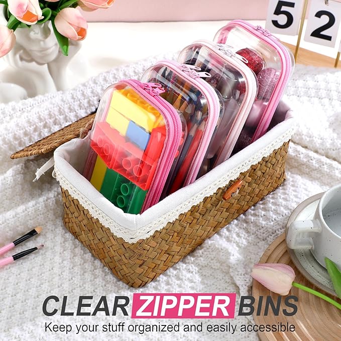 Hoolerry 4 Pcs Hard Clear Zipper Case Makeup Bags Plastic Pencil Pouch Transparent Storage Box Containers for Cosmetics, Snacks, Building Blocks, Puzzles(Pink,7.5 x 3.9 x 2 in)