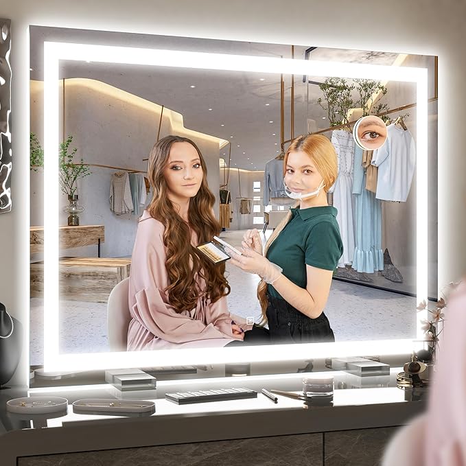 42x32 Inch Lighted Vanity Mirror, 3-Color Lighting & Dimmable Modes, Large LED Makeup Mirror for Bathroom/Dressing Room (Wall/Tabletop Mount, White)