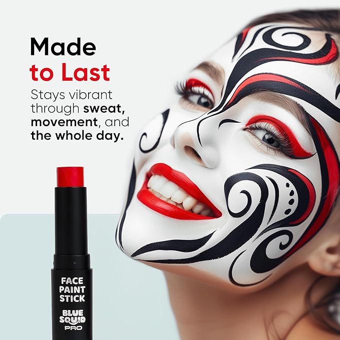 Blue Squid PRO Red, White and Black Face Paint Stick - Waterproof Body Paint Adults & Kids Eye Black Baseball, Eyeblack Softball -Hypoallergenic Twist-Up Non-Toxic Makeup Stick - Cosplay, Sports & SFX