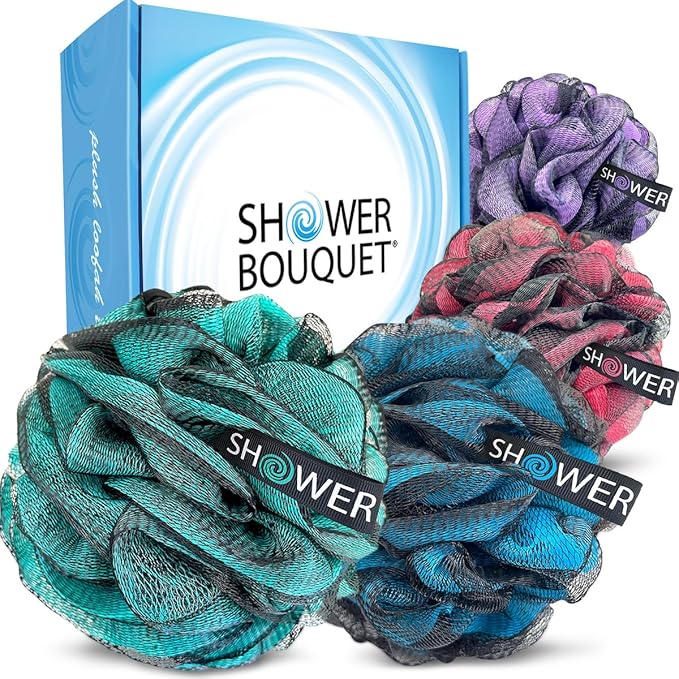 SHOWER BOUQUET Loofah-Charcoal Bath-Sponge XL-Color-4-Pack // Extra Large 75g Soft Mesh Black Luffa Loofa Loufa Puff Set/Exfoliating Body Scrubber for Women and Men - Exfoliate & Soothe Face & Body