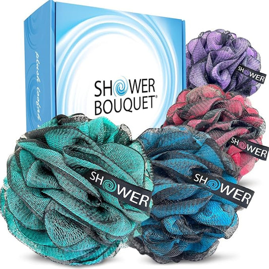 SHOWER BOUQUET Loofah-Charcoal Bath-Sponge XL-Color-4-Pack // Extra Large 75g Soft Mesh Black Luffa Loofa Loufa Puff Set/Exfoliating Body Scrubber for Women and Men - Exfoliate & Soothe Face & Body