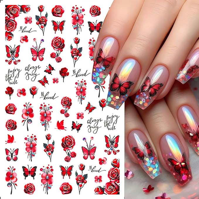 8 Sheets Butterfly Flower Nail Stickers Colorful Butterfly Nail Art Stickers 3D Self-Adhesive Floral Nail Decals for Nail Art Rose Green Leaf Cute Spring Design Nail Supplies for DIY Charms