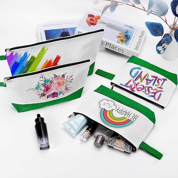 10 Pieces Cotton Canvas Makeup Bag with Bottom and Strap, Multi-Purpose Cosmetic Bag with Zipper Travel Toiletry Pouch, Blank DIY Craft Bag (White&Green, S)