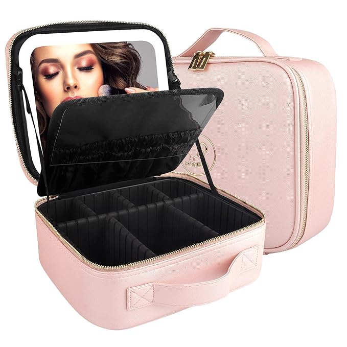 MOMIRA Travel Makeup Bag Cosmetic Bag Makeup Organizer Bag with Lighted Mirror, Adjustable Brightness in 3 Color Scenarios, Waterproof Makeup Train Case, Gift for Women - Phosphor