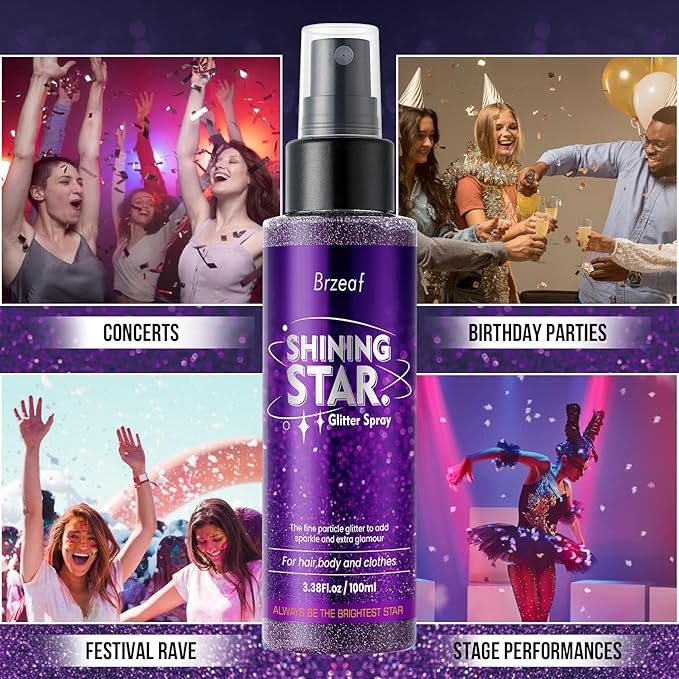 Brzeaf Glitter Spray, Halloween Glitter Spray for Hair and Body, Long-Lasting & Quick-Drying, Shiny Glitter Hairspray, Waterproof Body Glitter, for Stage Makeup and Festival Rave