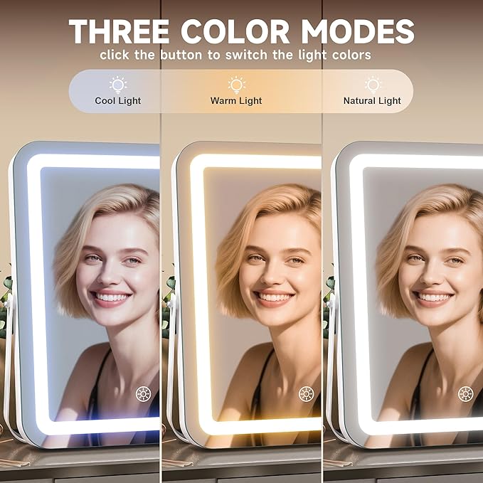 MINISO Vanity Mirror with Lights, 15" x 13" LED Makeup Mirror, Light & Brightness Adjustment, Smart Sensor, 360°Rotation, Aluminum Alloy Metal White Frame, with 5X Magnifying Glass