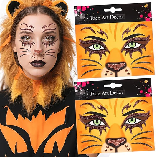 Face Stickers Gems Halloween Temporary Tattoo Sticker Animals Face Sticker Decal Body Face Self-adhesive Sticker Stage Makeup Party Cosplay Decoration 2pcs (lion)